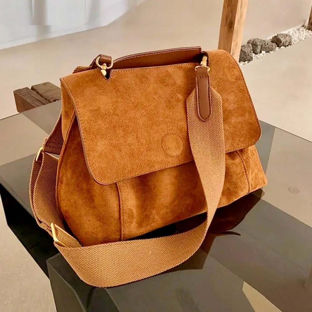 Chic Brown Sueded Corduroy Crossbody Bag